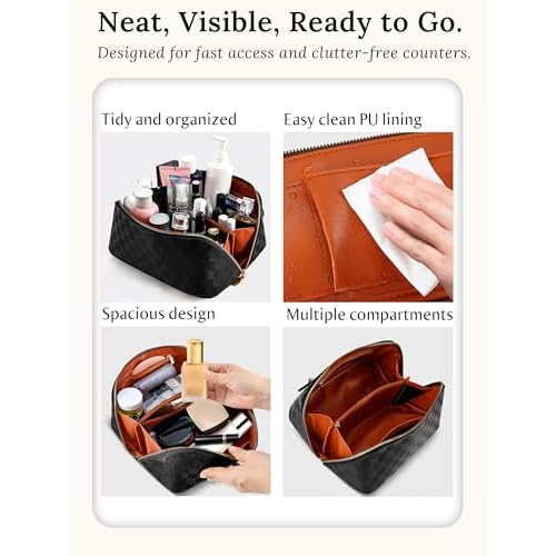Large Capacity Travel Cosmetic Bag - Portable Makeup Bags for Women Waterproof PU Leather Checkered Makeup Organizer Bag with Dividers and Handle,Toiletry Bag for Cosmetics