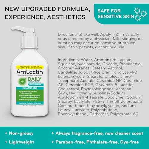 AmLactin Daily Nourish - Therapeutic Face and Body Lotion for Dry Skin - No-Scrub Exfoliator and Moisturizer with 5% Lactic Acid AHA, Safe for Sensitive Skin, 7.9 oz (Packaging May Vary)?