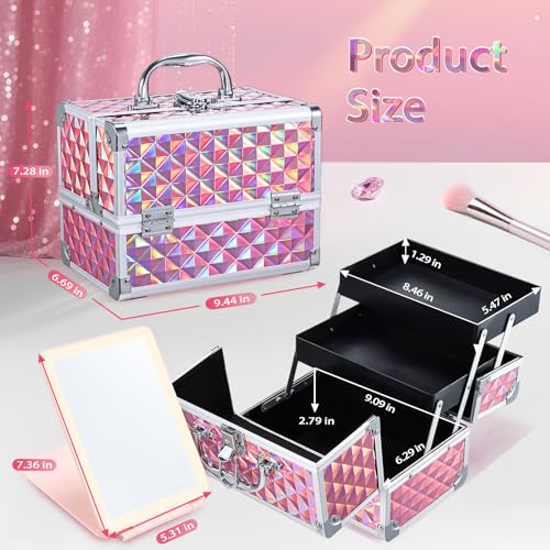 Makeup Case with Lighted Mirror Travel Makeup Organizer Box 2 Trays Lockable Cosmetic Train Case with Movable LED Mirror for Girls Make Up Nail Kits Sewing Vanity Storage Case Shiny Pink