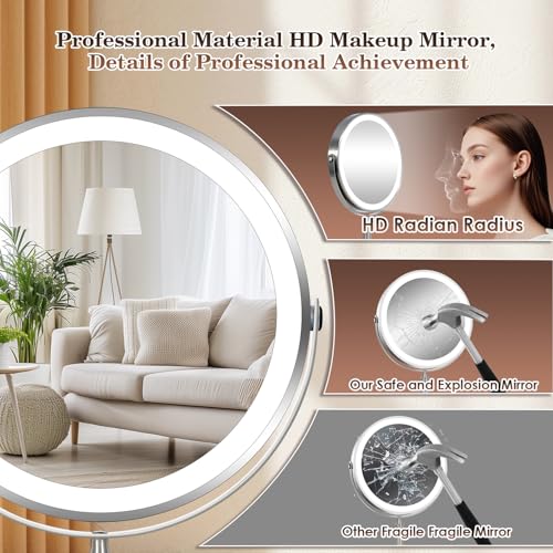 VESAUR 15X Magnifying Mirror with Light, 9.5 Large 5000mAh Rechargeable Double Sided HD Lighted Makeup Mirror with 3 Touch Dimmable Light, 360¡Æ Swivel Detachable for Travel Vanity Mirror Nickel, Gifts