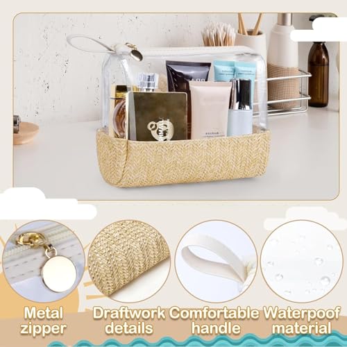Boho Straw Makeup Bag,Small Clear Travel Cosmetic Bag Aesthetic Waterproof Portable Toiletry Bag,Preppy Cute Transparent TPU Zipper Purse Travel Beach bags sunscreen bag for Women Girls