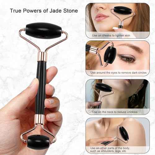 Jade Roller for Face, Facial Roller Massager Skin Care Tool, Gua Sha Facial Tools for Face, Neck, Eyes, Reduce Puffiness of The Skin (Black)