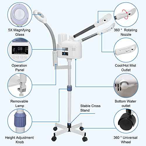 Facial Steamers Professional 3 in 1 Facial Steamer with 5X Magnifying Lamp, Upgrade PTC Heating, Hot/Cool Mist Steamer for Home Salon Spa Beauty