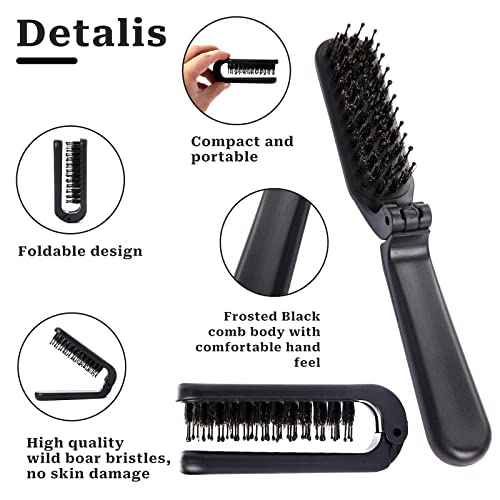 Travel Foldign Hair Brush, Mini Foldable Brush Portable Boar Bristles Comb Pocket Size Hair Styling Tool Collapsable Hairbrush for Purse Gym Trip Swiming Car Women and Men (Black)