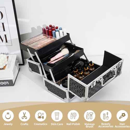 Leeora&Leekoo Makeup Train Case with Lighted Mirror,Portable Makeup Box Organizer (Black)