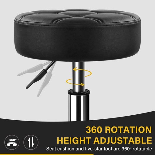 WKWKER Heavy Duty Rolling Stool with Wheels Hydraulic Swivel Adjustable Rolling Stool Ergonomic Thick Leather Round Seat Stool Chair for Kitchen Drafting Lab Office Salon Message Stool – Black