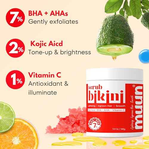 Muun Bikini Area Exfoliator, 2% Kojic Acid Vitamin C & 7% AHA/BHA Even Skin Tone & Ingrown Hair - Underarm Scrub - Radian, Smoothe & Soften Body Scrub