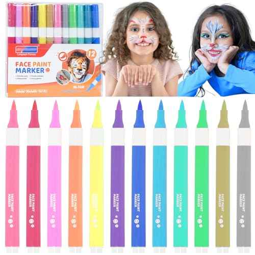 Marte Vanci Face Painting Marker, 12 Colors Face Paint Set Washable Acrylic Paint Pens Temporary Tattoo Markers for Skin Brush Tip Art Pen for Body Halloween Christmas Gift