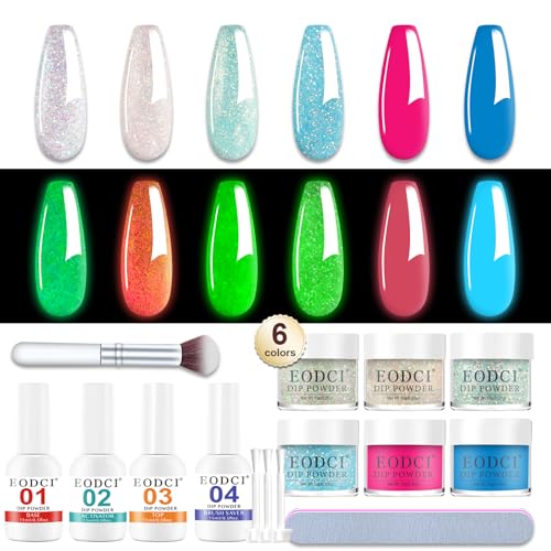 Glow in Dark Dip Powder Nail Set, 6 Colors 12 Pcs Dipping Powder Kit With Base & Top Coat/Activator/Brush Saver,Nail Art Dip Manicure Kits Odor-Free&Long-Lasting, No Needed Nail Lamp Curing