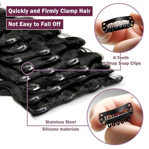 KRN Clip in, 135g 8 pcs Full And Thick Body Wave Hair Extensions Clip ins for Black Women 12A Natural Black Real Hair Extensions Clips in Human Hair with 20 Clips Easy to Wear 24 Inch