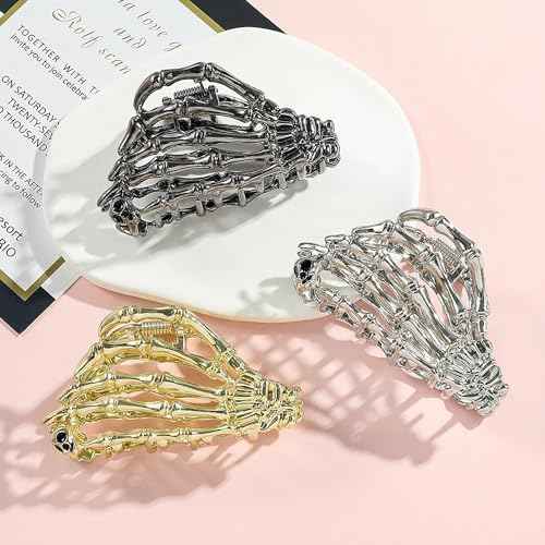 3 Pack Gothic Hair Clips Ghost Hand Hair Claw Clips Metal Skeleton Hair Halloween Accessories for Thick Hair Thin Hair for Women and Girls Cosplay