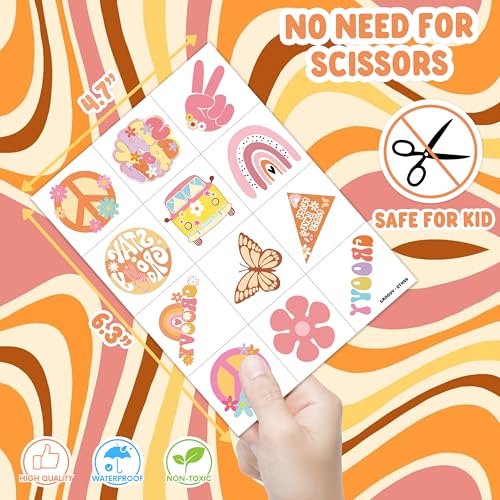 60PCS One Two Groovy 60s 70s Pre-Cut Temporary Tattoos for Kids Birthday Theme Party Supplies Decorations Favors Decor Super Cute Retro Hippie Rainbow Tattoo Stickers Gift for School Prizes Girls Boys