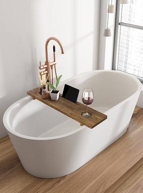Premium Bathtub Tray, Large & Thick Bath Tub Tray, Solid Acacia Wood Bath Tray for Tub, Bathtub Tray Caddy with Adjustable Legs, Anti-Tipping, Bathtub Accessories, Fits Most Bath Tubs, Idea for Women