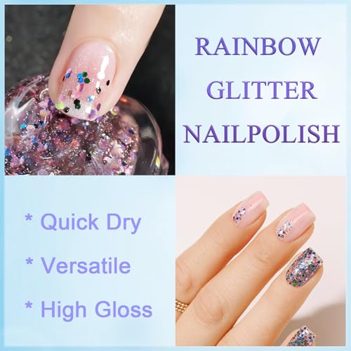 Confetti Nail Polish, Air Dry for Starter, Rainbow Glitter, Clear Colorful Reflective Gel Gift for Women Girls DIY at Home, 15ML