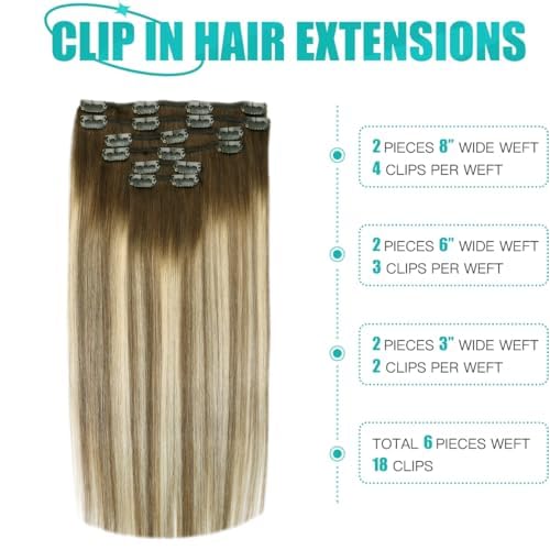 SURNEL Clip in Extensions Real Human Hair Balayage Clip in Hair Extensions 16 Inch 6pcs 100g Walnut Brown to Ash Brown and Golden Blonde Human Hair Extensions Clip ins (#3/8/22,16'')