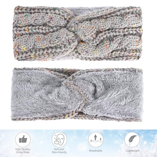 CAVETEE Headbands, 2 Pieces Winter Hairbands for Women - Soft Wool Ear Muffs for Winter, Crochet Ear Protector Bandana Lined with Plush Fleece, Elastic for Women Girls