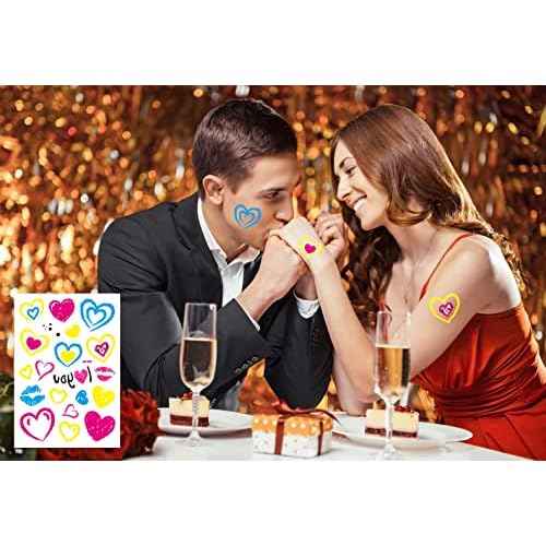 Glow In The Dark Heart Temporary Tattoos,Luminous Neon Valentines Day Temporary Tattoos, Bride Wedding Valentine Heart Music Rave Festival Tattoos Stickers For Women Men Adults(Neon Heart)