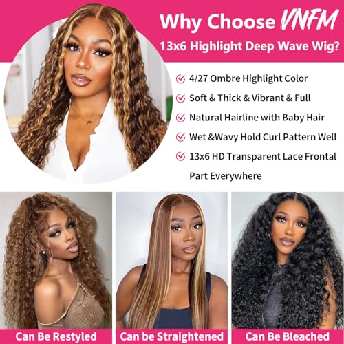 Honey Blonde Ombre Lace Front Wig Human Hair 13x6 HD Highlight Deep Wave Lace Front Wigs Human Hair Pre Plucked 200% Density 4/27 Colored Curly Frontal Wigs for Women 24 Inch