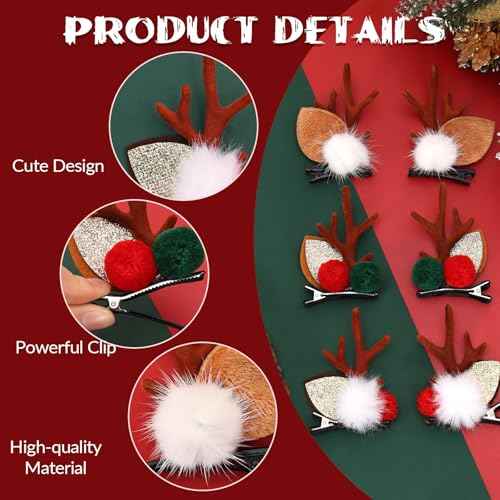 3 Pairs Christmas Reindeer Hair Clips, Cute Antlers Ears Hair Accessories, Deer Ears Headdresses for Girls and Toddlers
