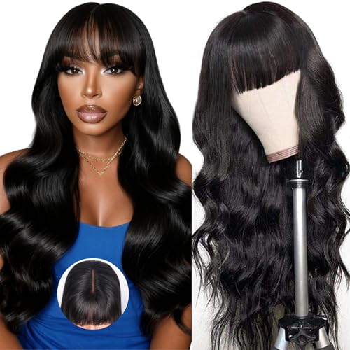 Ruiyu Body Wave 2x4 Lace Front Wigs Human Hair Wigs with Bangs for Black Women Wear and Go Glueless Wig with Bangs 180% Density Closure 100% Brazilian Virgin Human Hair 16 Inch