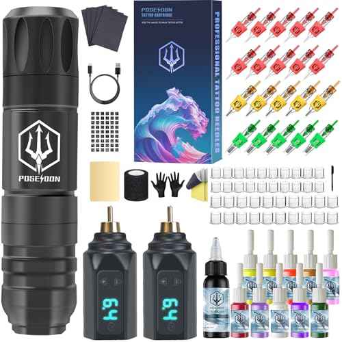 POSEIDON Tattoo Gun Kit - Wireless Tattoo Pen Kit Tattoo Kit with 2Pcs Tattoo Battery and 20 Pcs Tattoo Cartridge Needles, Complete Tattoo Machine kit Tattoo Supplies for Beginners