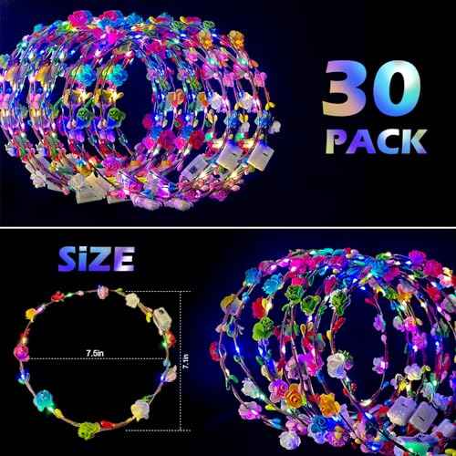 30 Pcs LED Flower Crowns Headbands,Flower Crowns For Women,Mardi Gras Light Up Headbands Tiara Flower Crown Accessories for Wedding Beach Party Birthday Cosplay Halloween Christmas Day