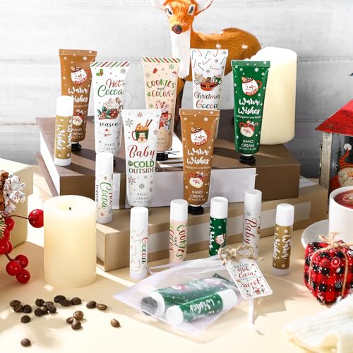 Demissle 48 Pcs Christmas Hot Cocoa Supplies Xmas Party Stuffers Christmas Stocking Favors Xmas Red Green Hand Cream and Lip Balm Gifts Set for Baby Shower Guests