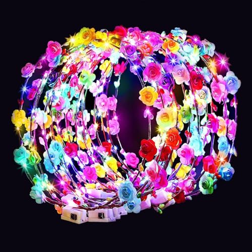 54 PCS LED Flower Crowns Headbands, Light Up Flower Crowns For Women, Glow in the Dark Headband for Wedding Reception Mardi Gras Cosplay Princess Party Favors Birthday Christmas Halloween