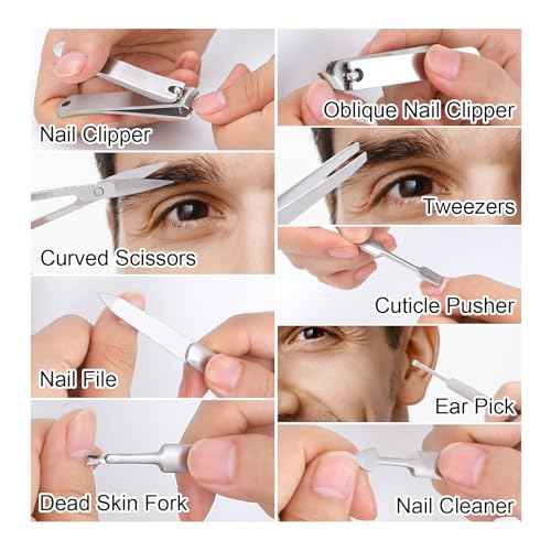 Professional Manicure Set for Fathers - Heavy Duty Stainless Steel 9 Piece Men Pedicure Tools Kit with Brown Leather Case,Gift for Grandpa Dad Husband