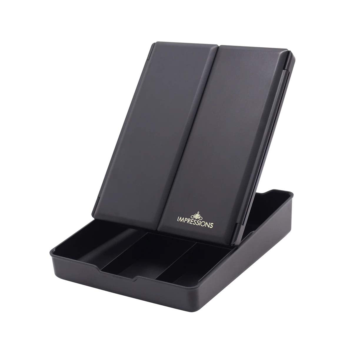 Impressions Touch Trifold LED Makeup Mirror with Vanity Organizer, 7X Magnifying Desk Mirror with Standing Base and USB Cable (Black)