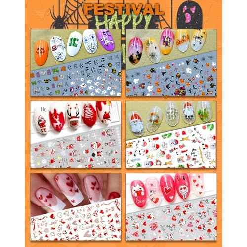 30 Sheets All Holiday Nail Art Stickers, Variety Pack Seasonal Nail Decals, Self-Adhesive Colorful Design for Daisy Flowers Butterflies Star Halloween Christmas