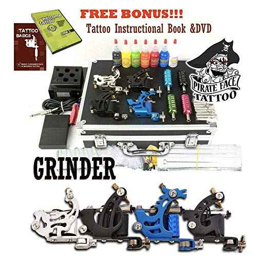Grinder Tattoo Kit by Pirate Face Tattoo / 4 Tattoo Machine Guns - Power Supply / 7 Ink by Radiant Colors - Made in The USA/LCD Power Supply / 50 Needles/Plus Accessories