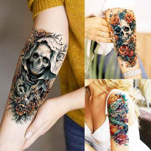 71 Sheets Dead Skull Temporary Tattoos For Women Men Adults, Old School Halloween Fake Tattoo Stickers Tiger Wolf Lion Dragon Flowers, Temp Punk Gothic Chicano Carp Skeleton Tattoo Indian Eagle Floral