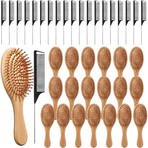 Meanplan 40 Pack Bamboo Hair Brush Bulk Mini Wood Hairbrushes for Women Hair Growth Detangle Tail Comb Paddle Hairbrush for Massaging Scalp Women Men Wedding(Round Head)