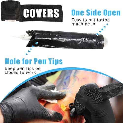 200PCS Pen Covers with 4PCS Grip Tape - CINRA Machine Cover Bags Black Tattoo Pen Covers Sleeves with Black Grip Cover Wrap Self-Adherent Tape Plastic Covers for Tattoo Machine Tattoo Supplies