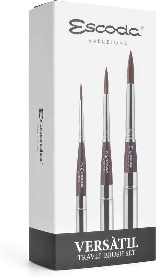Escoda | Watercolour | Versàtil Set with 3 Round Travel Brushes for Watercolour | Size 2,6,10 | 3 Brushes | Synthetic Kolinsky | Round Pointed