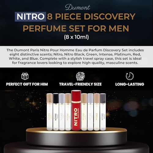 Dumont Nitro Pour Homme Perfume Discovery Set for Men Mini Travel Sprays 8 x 0.34 Fl Oz
