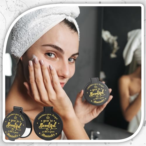 100 Pcs 2.76 Inch Inspirational Compact Mirror Bulk Party Favors Quinceanera Gift Purse Small Mirror Pocket Mini Gifts for Women Adult Coworker Halloween Christmas Friends (Black)