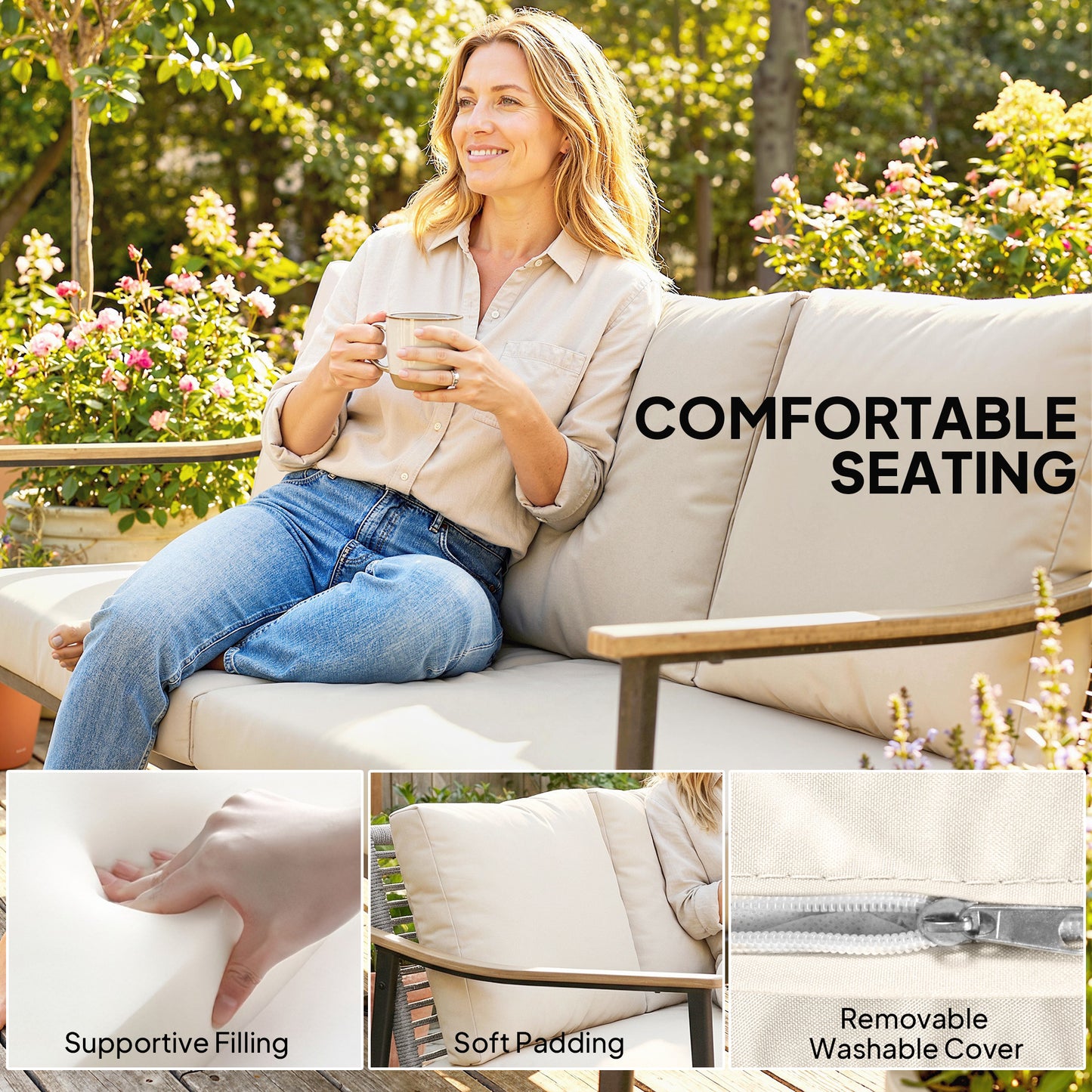 Outdoor Patio Sofa for 3 - Wicker Couch with Cushions, Khaki