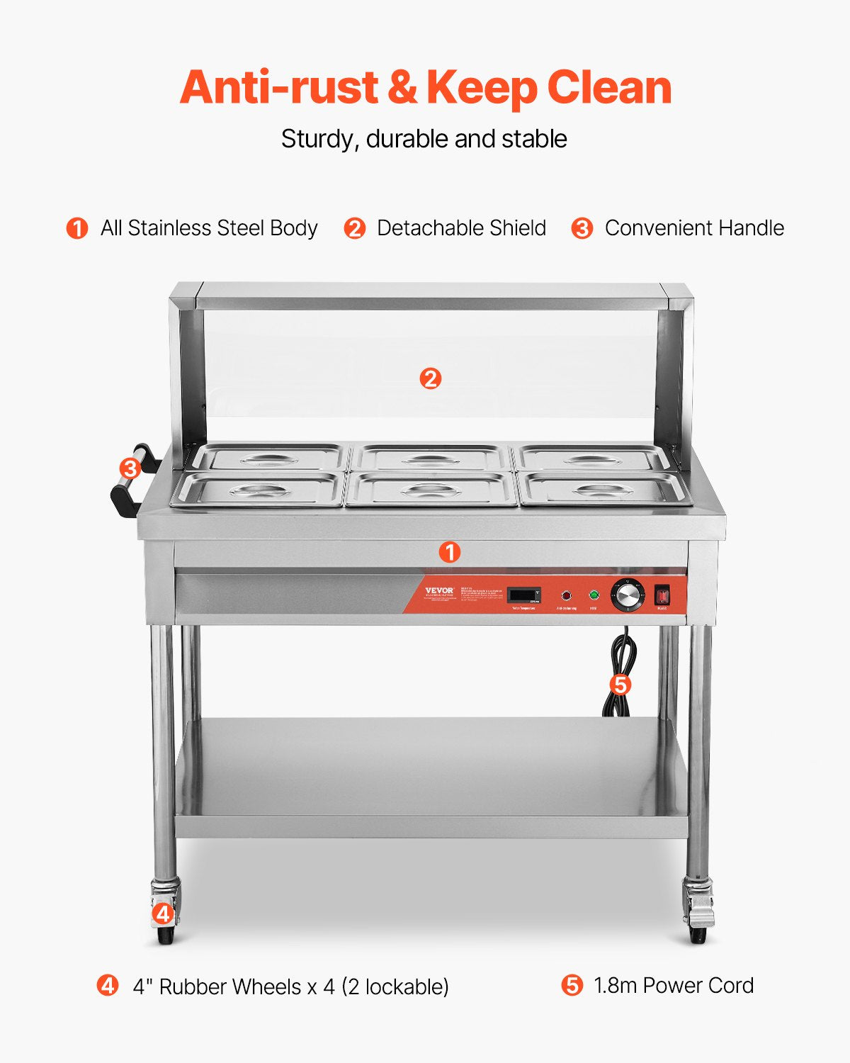 Commercial Food Warmer Steam Table with 6 Half-Size Pans, Silver