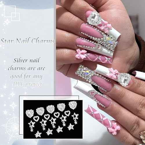 30PCS Star Nail Charms 3D Crystal Heart Nail Charms Alloy Silver Nail Charms Shiny Starlight Nail Gems and Charms Jewelry Rhinestones for Women Nail Art and DIY Crafts Decoration