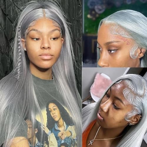 SOSEXY Grey Lace Front Wigs Straight 13x4 Lace Frontal Human Hair Wig 180% Density HD Transparent Lace with Baby Hair