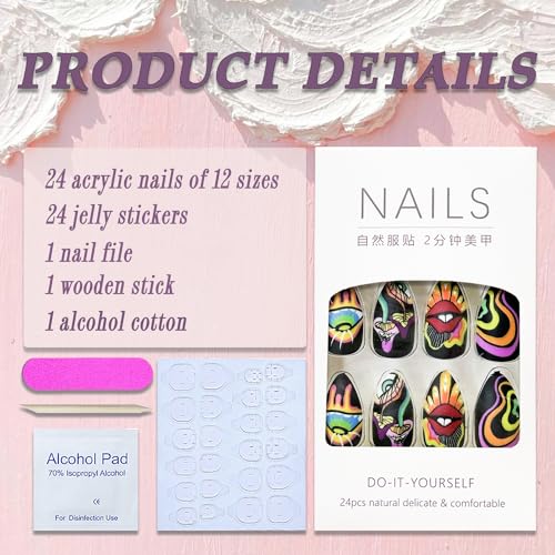 Almond Press on Nails Medium Length Black Fake Nails Matte Stick on Nails Full Cover False Nails with Colorful Graffiti Abstraction Lips Design Acrylic Nails Evil Eye Mushroom Glue on Nails for Women