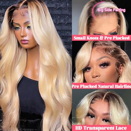 Smavida 13x4 Body Wave HD Lace Front Wigs Ombre Blonde Human Hair Pre Plucked 150% Density 22 Inch HD Transparent Undetectable Melted Glueless Wavy Lace Frontal Human Hair wigs for Women Full Ends