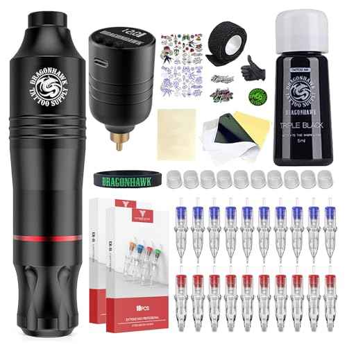 Dragonhawk Atom Wireless Tattoo Gun Pen Machine Kit - Complete Beginner Tattoo Kit with 20 Cartridge Needles, Battery Power Supply for Lining Shading