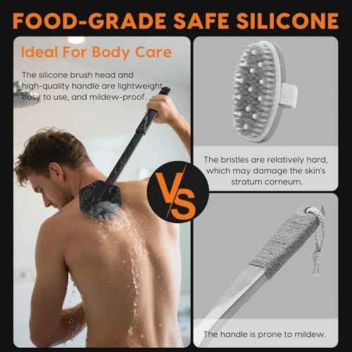 Silicone Back Scrubber for Shower with 24 inch Adjustable Handle, Double Sided Shower Brush for Exfoliating and Massage