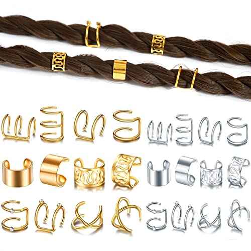 24 Pcs Gold Silver Hair Braids Dreadlock Non-Piercing Ear Clip Beard Beads Cuffs Clip Hair Accessories Styling Fashion Jewelry Gift Toos for Women Men