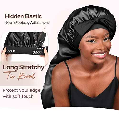 YANIBEST Long Bonnet Satin Bonnet for Sleeping Braid Bonnet with Tie Band Silk Sleep Bonnet for Women Locs Black