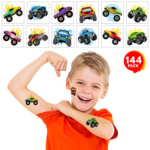 ArtCreativity Monster Truck Individual Temporary Tattoos for Kids - Pack of 144 - Non-Toxic 2 Inch Pre-Cut Tattoos - Moster Truck Birthday Party Favors and Goody Bag Fillers for Boys and Girls