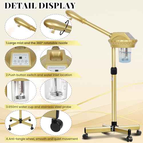 Facial Steamer Professional with More Steam for Deep Cleansing and Hydration, Estheticians Steamer on Wheels with Time Setting, Face Steamer Adjustable Height for Beauty, Spa and Home Use£¨Golden£©